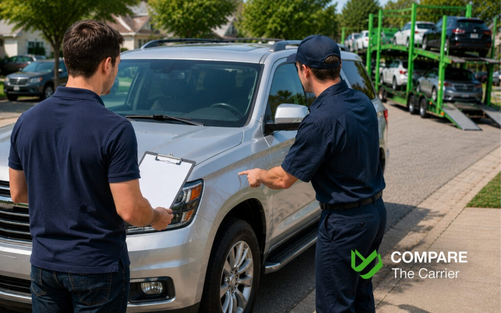 What Happens to Your Car During State-to-State Transport (7) Car owner and transport driver reviewing Bill of Lading before vehicle pickup.
