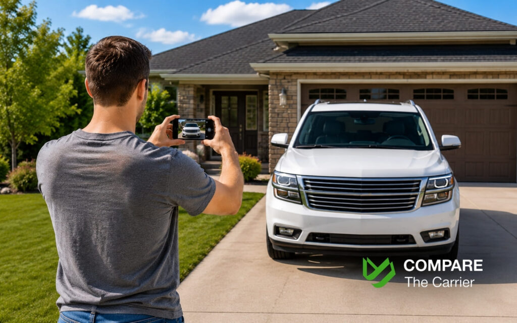 What Happens to Your Car During State-to-State Transport (8) Car owner photographing vehicle condition before auto transport pickup.
