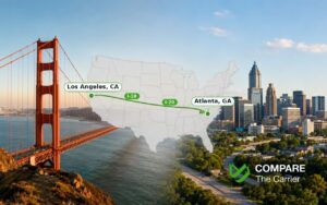 California to Georgia car shipping route map with iconic landmarks representing both states