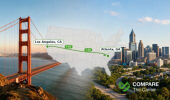 California to Georgia car shipping route map with iconic landmarks representing both states