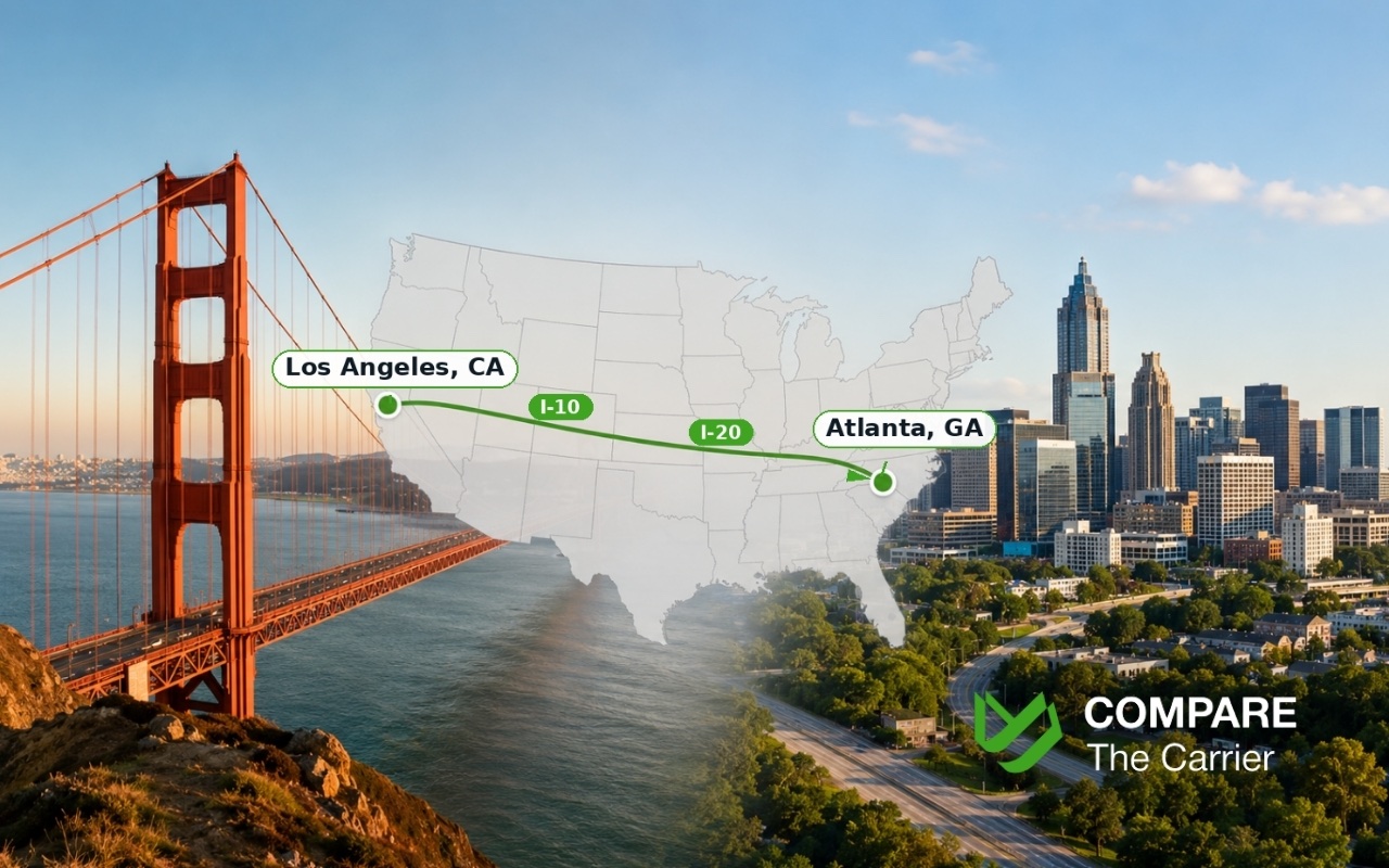 California to Georgia car shipping route map with iconic landmarks representing both states