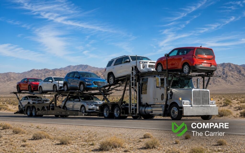 CTC B2C - Blog Article Illustrations - 345 American auto transport truck traveling from California to Georgia on Interstate highways