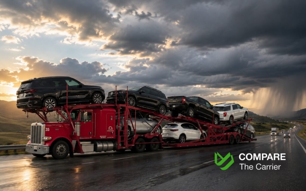 CTC B2C - Blog Article Illustrations - 348 Auto transport truck loaded with multiple vehicles driving through changing weather conditions across the United States