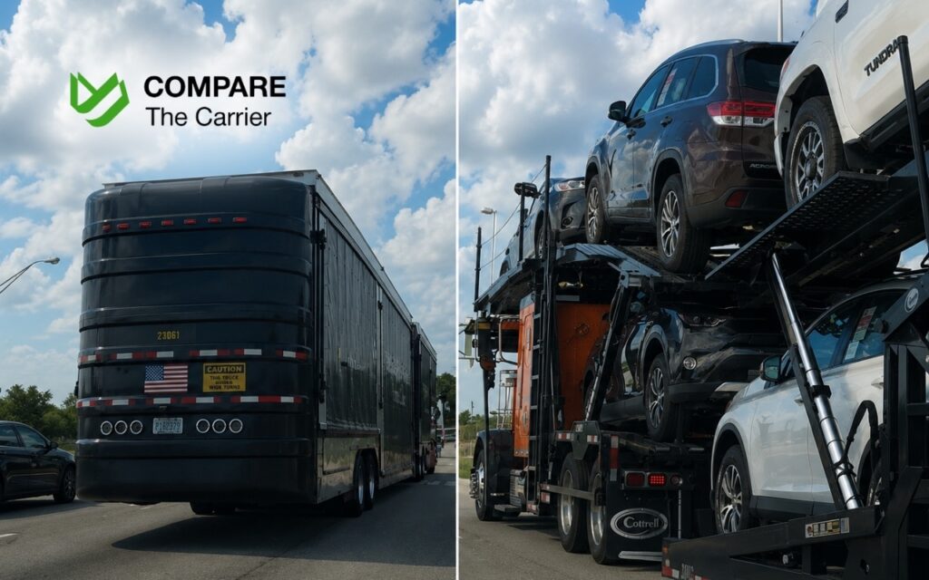 CTC B2C - Blog Article Illustrations - 349 Side-by-side comparison of open and enclosed car transport trailers used for California to Georgia vehicle shipping