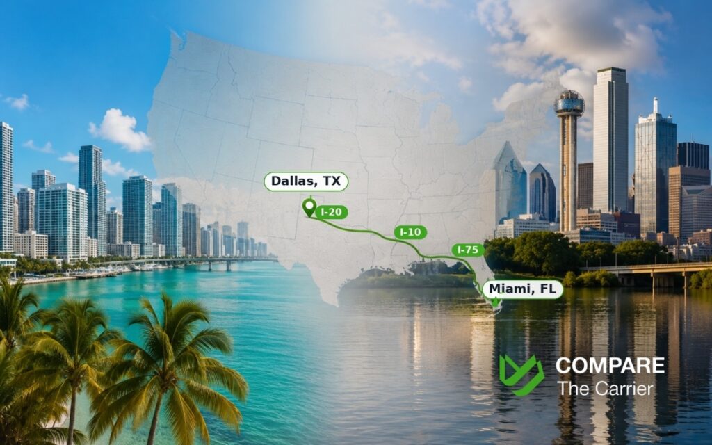 Florida to Texas car shipping route between Miami and Dallas shown on a United States map with iconic state landmarks.