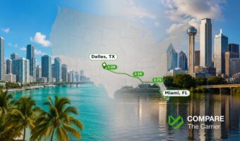 Florida to Texas car shipping route between Miami and Dallas shown on a United States map with iconic state landmarks.