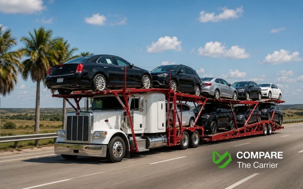 CTC B2C - Blog Article Illustrations - 354 American car carrier transporting vehicles from Florida to Texas on Interstate highways.