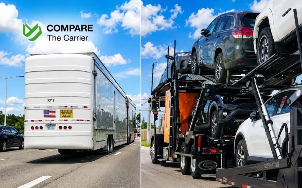 CTC B2C - Blog Article Illustrations - 356 Comparison between open and enclosed auto transport trailers used for Florida to Texas shipping.