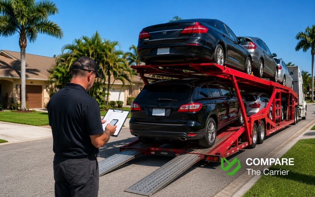 CTC B2C - Blog Article Illustrations - 358 Vehicle inspection before loading onto an American car carrier in Florida.