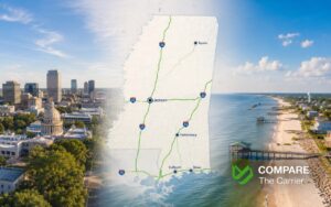 Mississippi auto transport route across the state featuring Jackson, the Gulf Coast, and major interstate corridors.