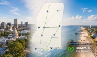 Mississippi auto transport route across the state featuring Jackson, the Gulf Coast, and major interstate corridors.
