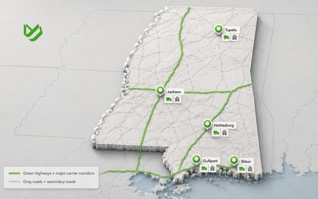 Major interstate highways connecting Mississippi's primary vehicle shipping hubs.