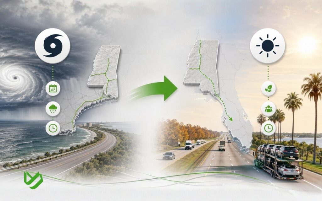 Seasonal conditions influencing vehicle transport across Mississippi during hurricane and snowbird seasons.