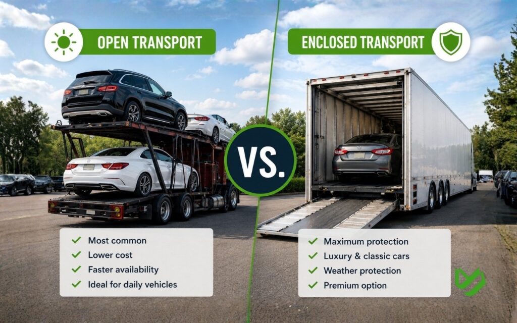 Visual comparison between open and enclosed vehicle transport.