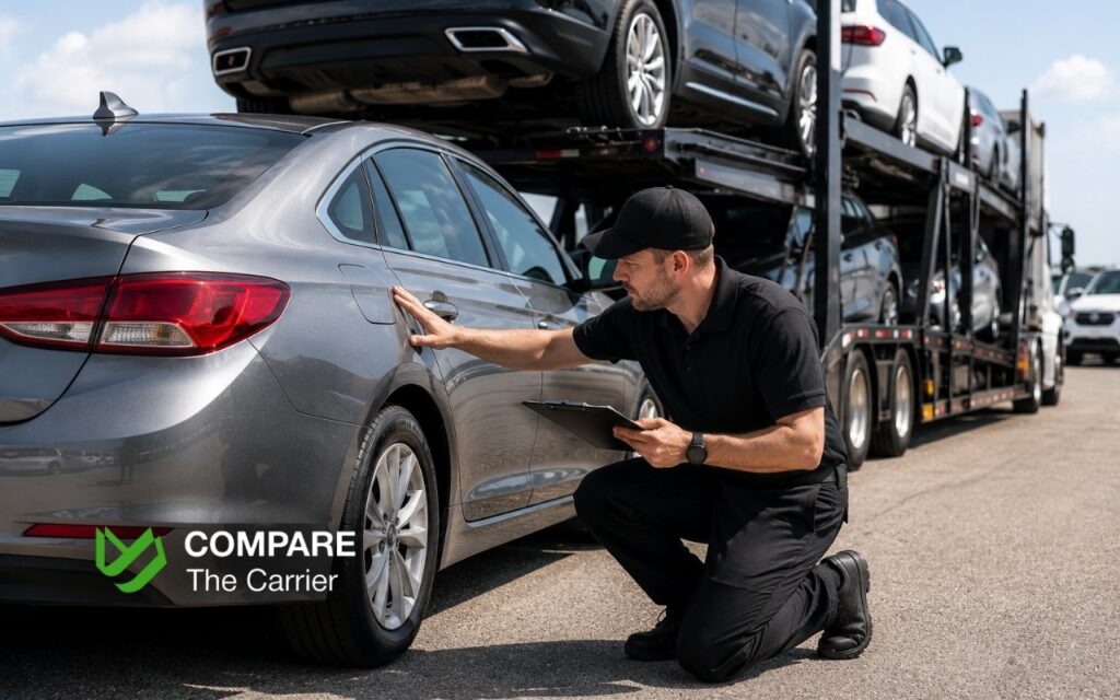 Driver inspecting a vehicle before loading it onto an auto transport trailer.