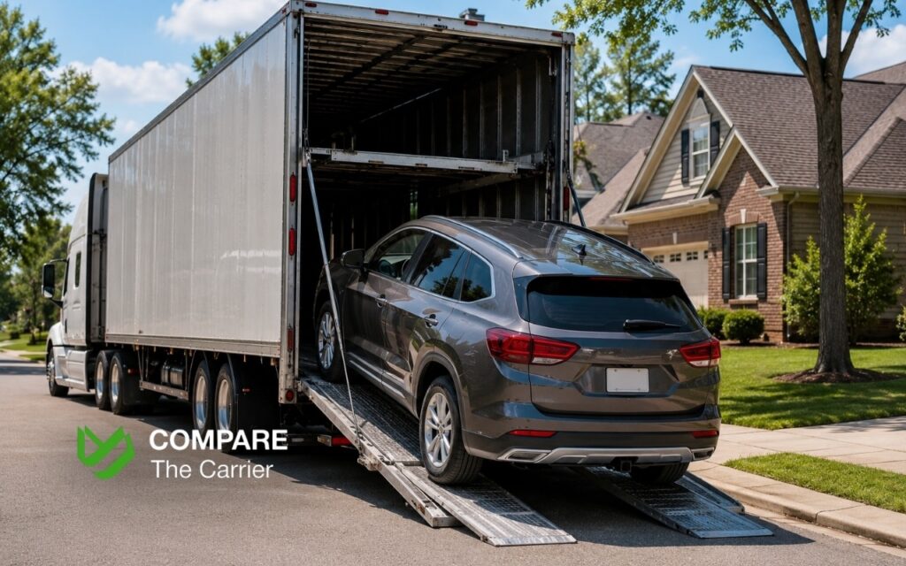 Vehicle being delivered to a residential neighborhood in Mississippi by an auto transport carrier.