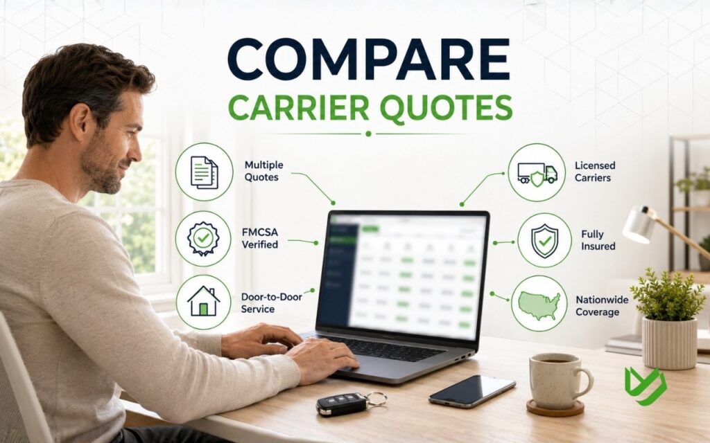 Customer comparing multiple vehicle shipping options using a laptop before booking transport.