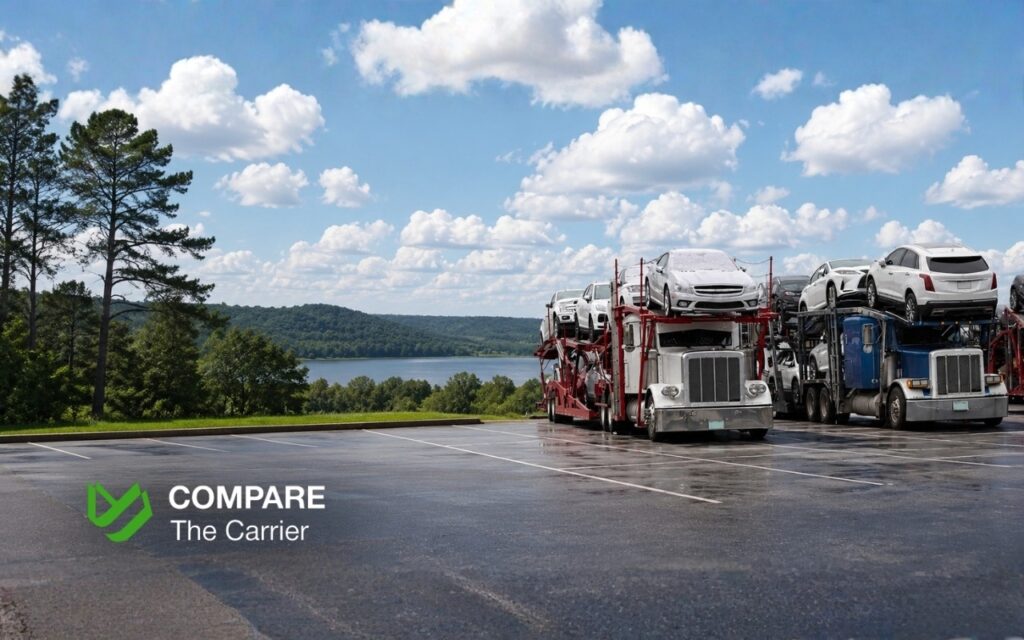 Auto transport carrier traveling along a Mississippi interstate surrounded by forests and open countryside.