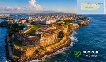 Aerial view of Old San Juan, Puerto Rico, highlighting the island as a relocation destination for U.S. residents.