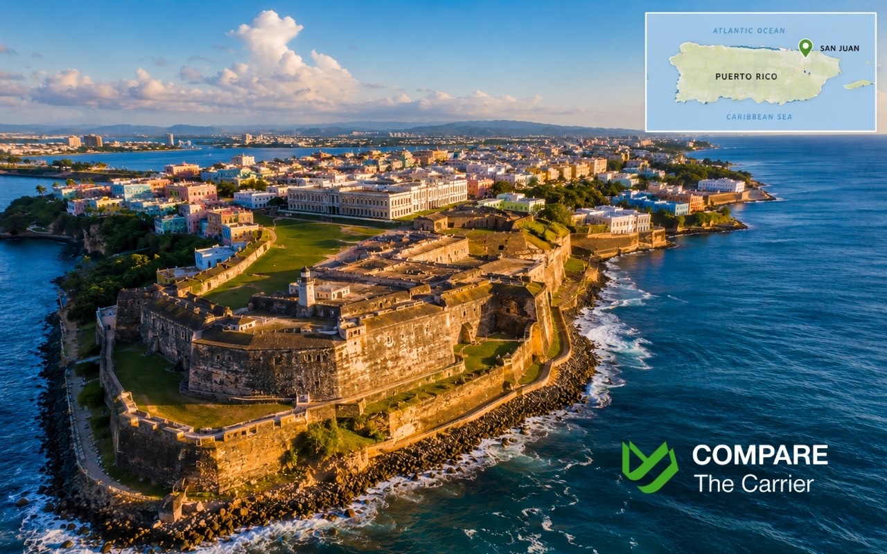 Aerial view of Old San Juan, Puerto Rico, highlighting the island as a relocation destination for U.S. residents.