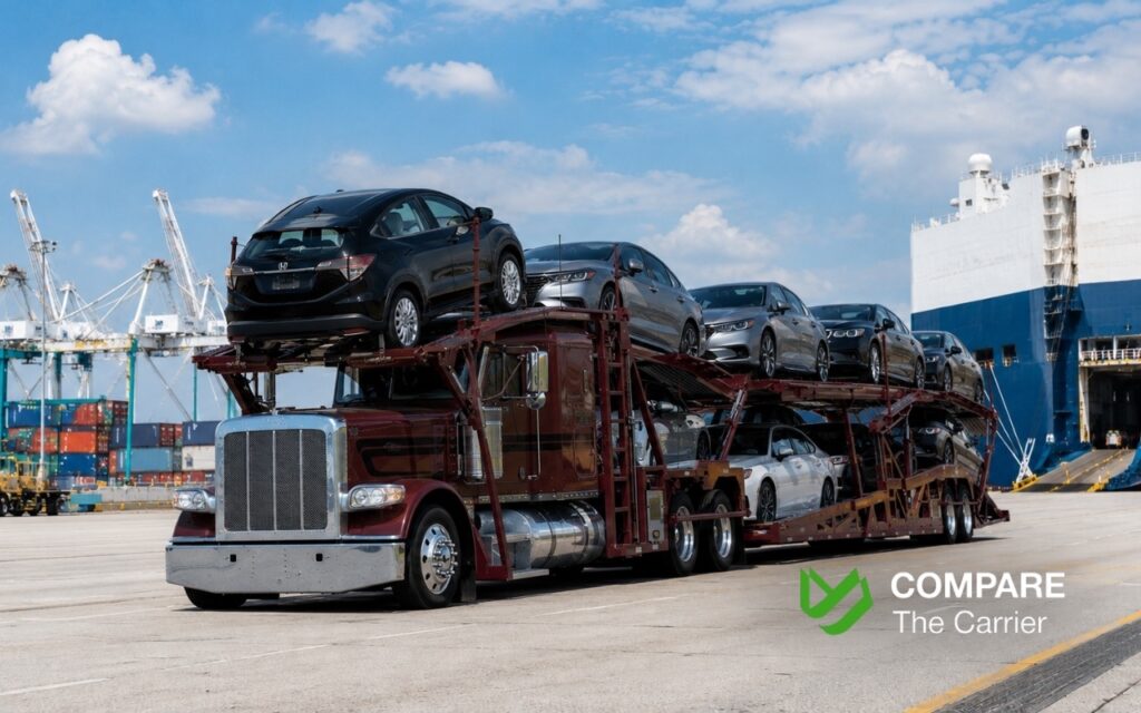 American car carrier transporting vehicles to Puerto Rico through a U.S. port.
