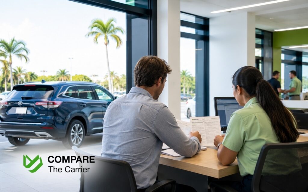 Vehicle owner registering an imported car at a Puerto Rico DTOP office after arrival.