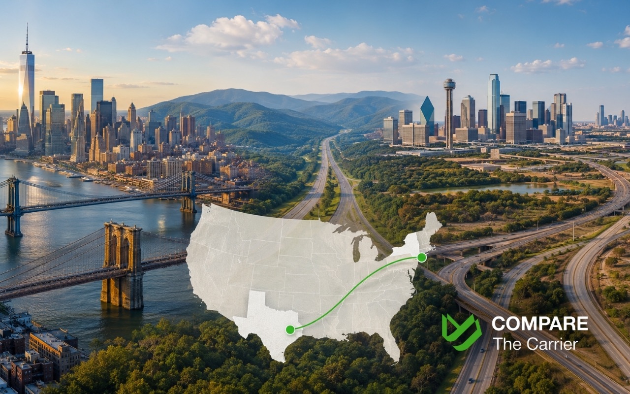New York to Texas car shipping route connecting the Northeastern and Southern United States.