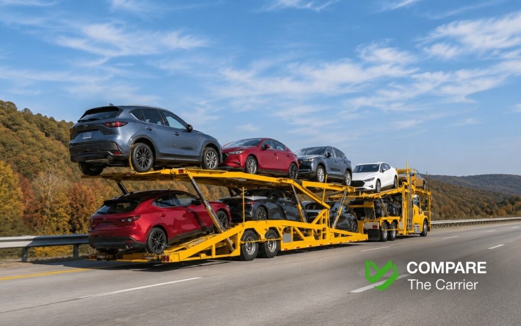  American multi-level auto transport truck traveling on an interstate between New York and Texas.
