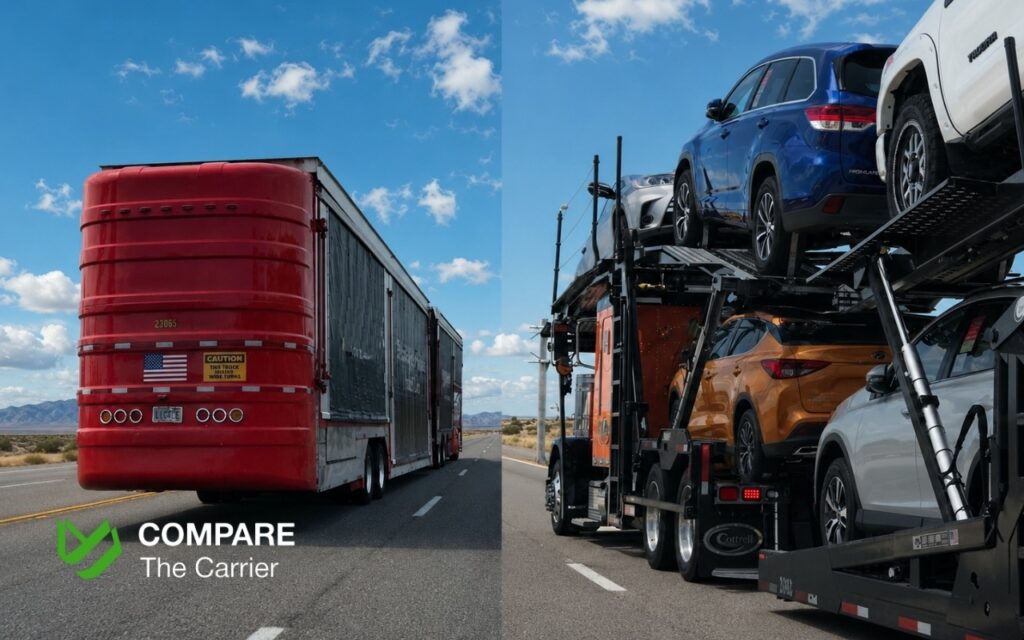 Open and enclosed auto transport trailers used for long-distance vehicle shipping.