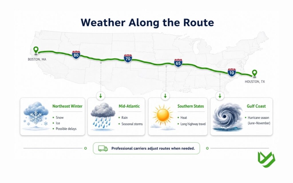 Weather conditions affecting New York to Texas vehicle shipping.