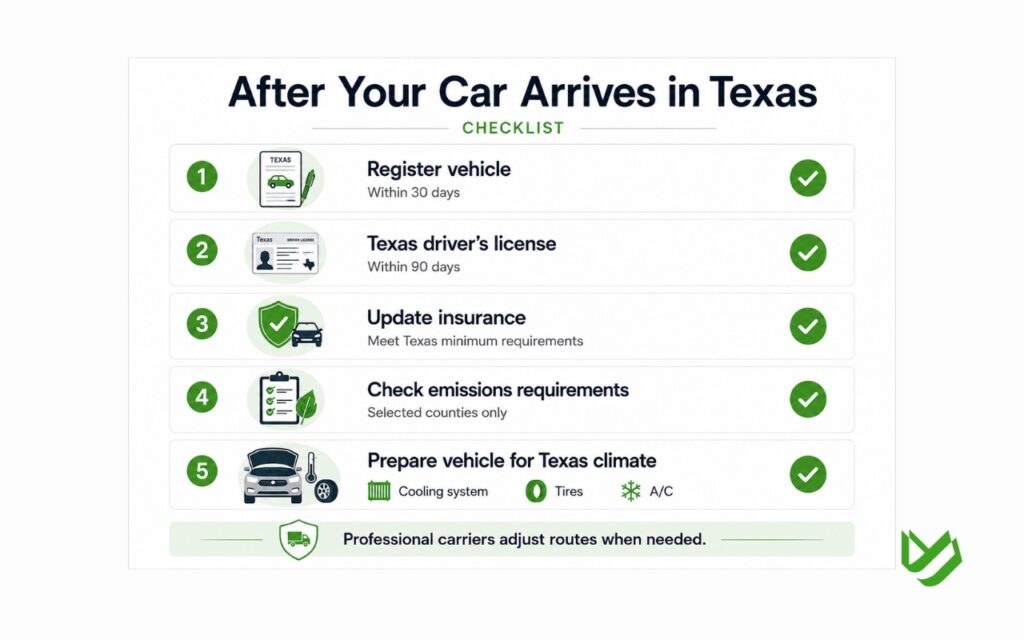 Checklist for registering a vehicle after moving from New York to Texas.