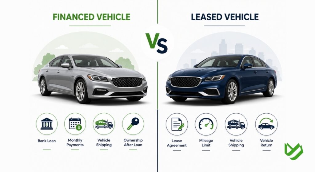 Visual comparison between financed and leased vehicle shipping.