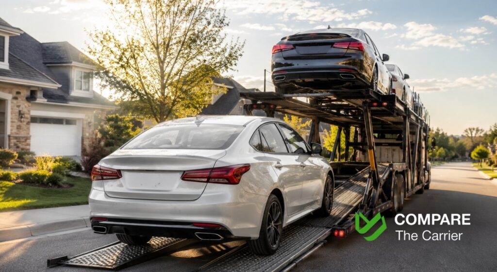 Professional driver inspecting a financed vehicle before loading it onto an auto transport trailer.