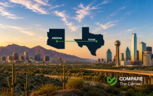 Texas to Arizona auto transport route connecting Dallas, Houston, El Paso, Phoenix, and Tucson across the Southwestern United States.