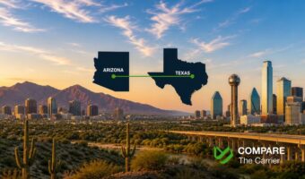 Texas to Arizona auto transport route connecting Dallas, Houston, El Paso, Phoenix, and Tucson across the Southwestern United States.