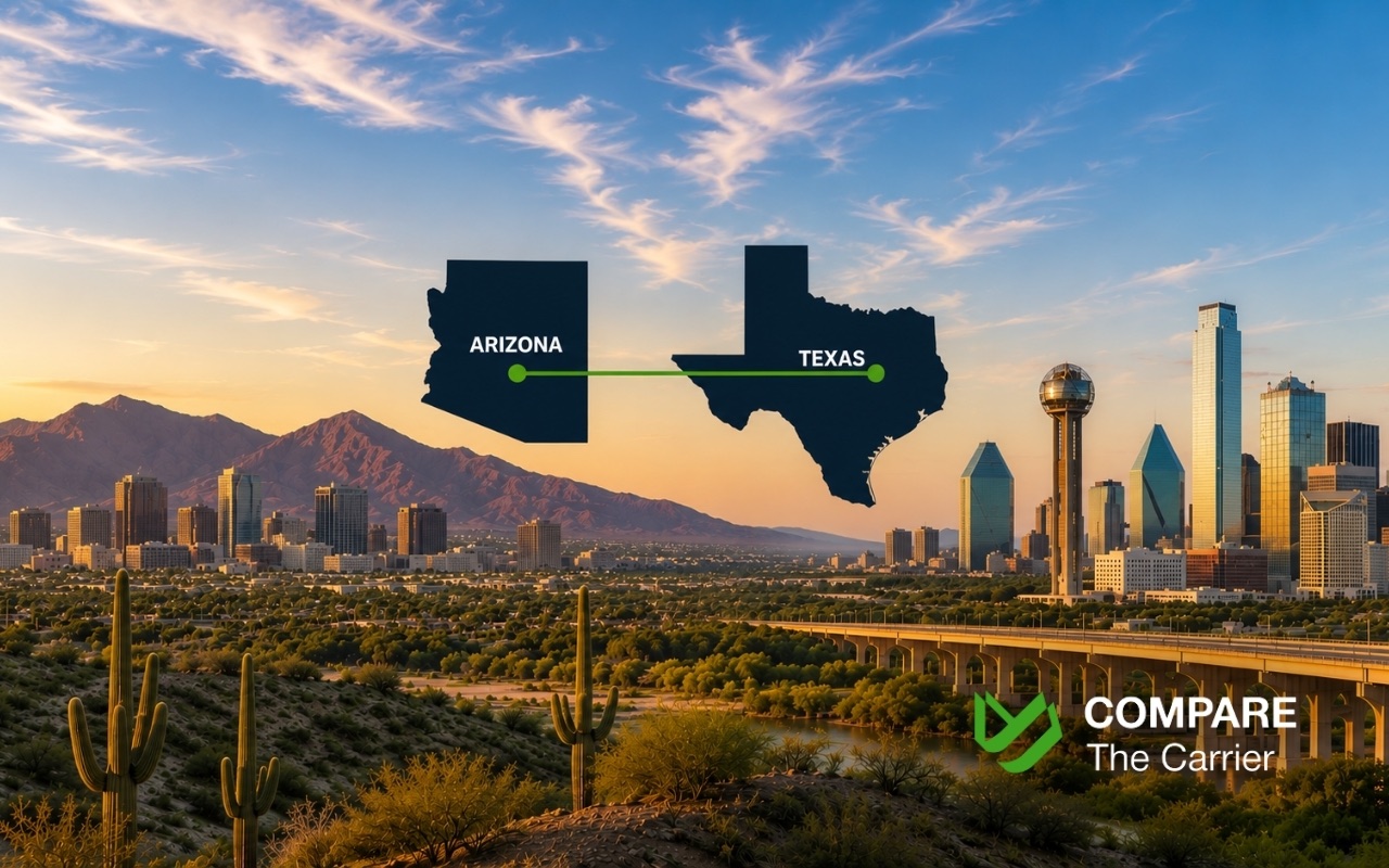 Texas to Arizona auto transport route connecting Dallas, Houston, El Paso, Phoenix, and Tucson across the Southwestern United States.