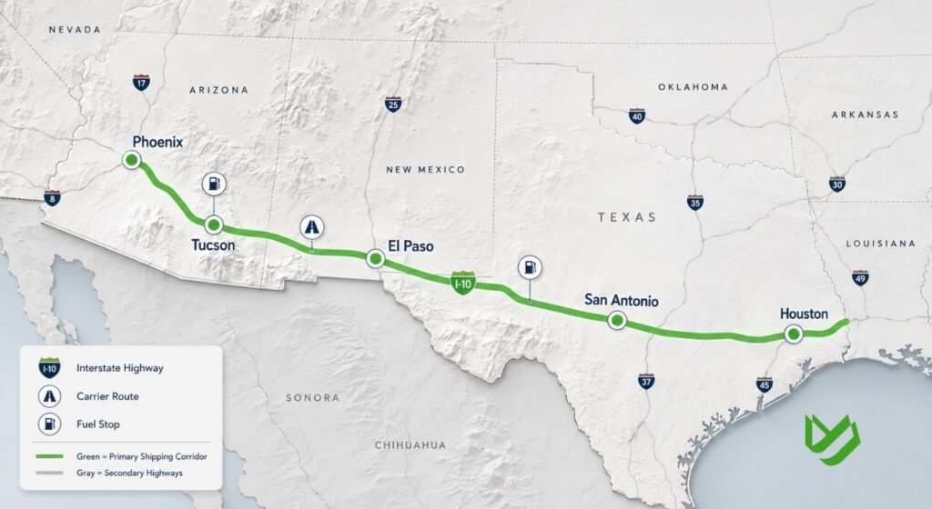  Interstate 10 corridor connecting Texas and Arizona for vehicle shipping.