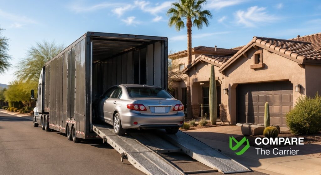 Auto transport truck delivering a vehicle to a residential home in Arizona.