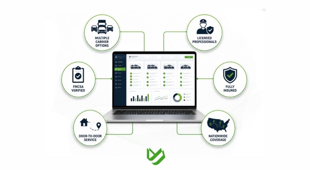 Infographic highlighting the advantages of comparing licensed auto transport carriers.