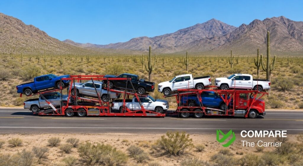 Auto transport truck traveling across the Arizona desert on Interstate 10.