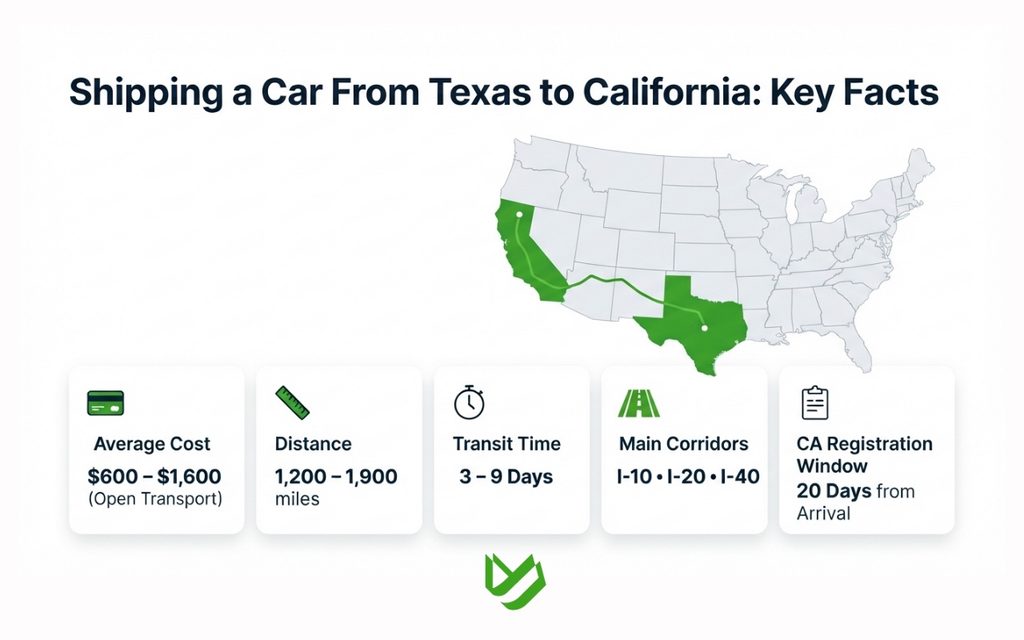CTC B2C - Blog Article Illustrations - 441 Alt Text: Key statistics and facts for shipping a car from Texas to California.