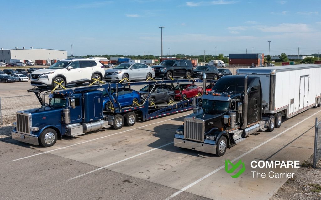CTC B2C - Blog Article Illustrations - 443 Comparison of open car carrier and enclosed auto transport trailers side by side.