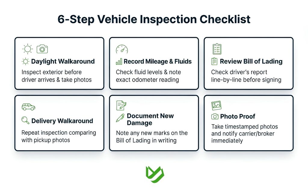 CTC B2C - Blog Article Illustrations - 446 Vehicle inspection process and Bill of Lading checklist for car transport from Texas to California.