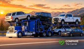 Open car carrier transporting a personal vehicle for a service member.
