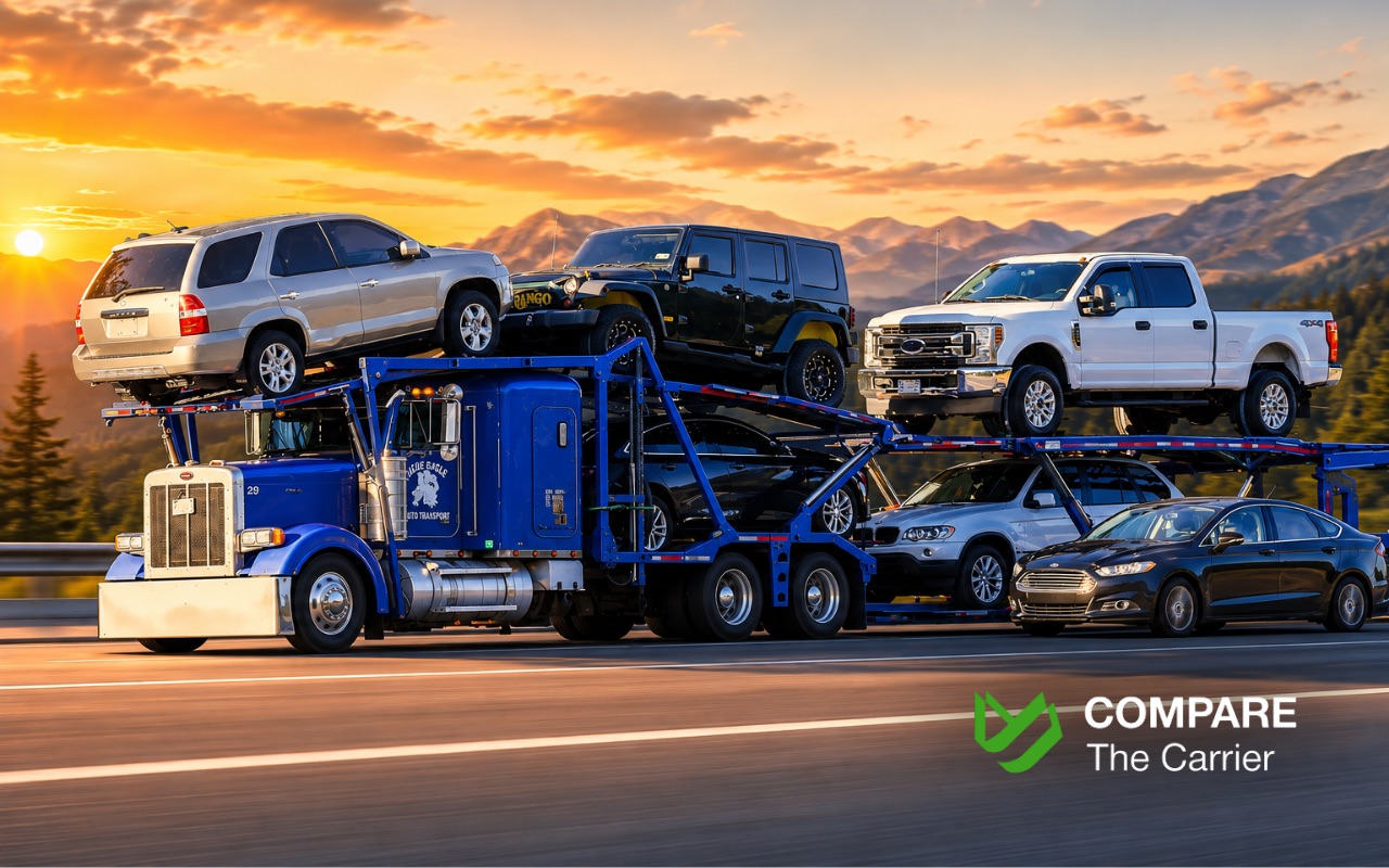 Open car carrier transporting a personal vehicle for a service member.