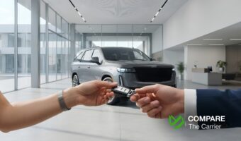 Professional vehicle delivery experience featuring a customer receiving keys to a new vehicle, emphasizing the transparent and premium Costco car buying process.