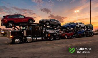 Modern American car transport semi-truck loaded with a mix of residential vehicles on a highway.