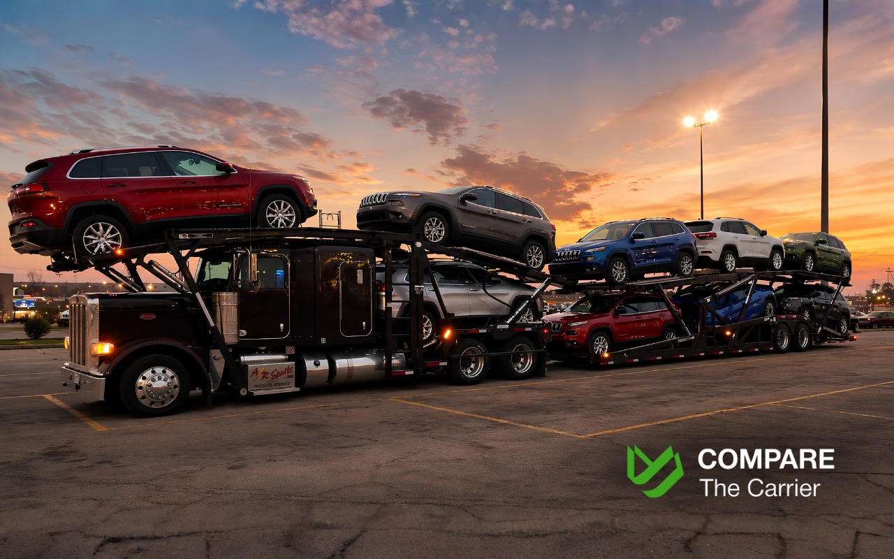 Modern American car transport semi-truck loaded with a mix of residential vehicles on a highway.
