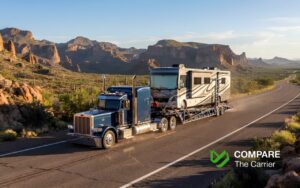 Large Class A motorhome on an open transport trailer driving through the scenic American Southwest landscapes towards California.