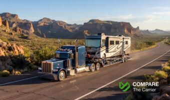 Large Class A motorhome on an open transport trailer driving through the scenic American Southwest landscapes towards California.